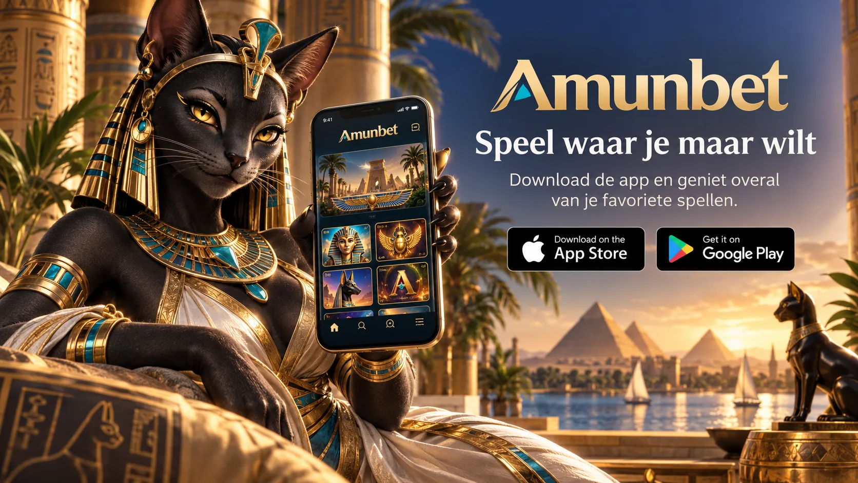 Amunbet mobiele app banner met godin Bastet en smartphone — download de Amunbet app via App Store en Google Play