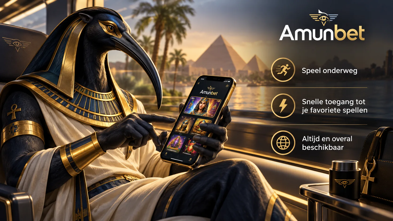 God Thoth speelt op smartphone in de Amunbet app — snelle toegang tot slots en livewedstrijden onderweg