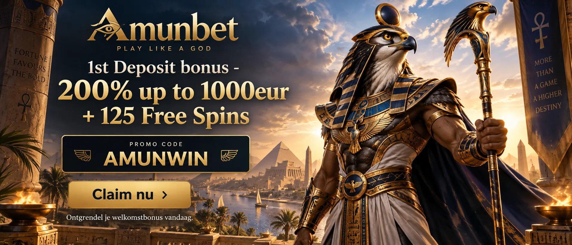 Amunbet welkomstbonus banner met god Horus — 200% eerste stortingsbonus tot €1.000 plus 125 free spins, promotiecode AMUNWIN