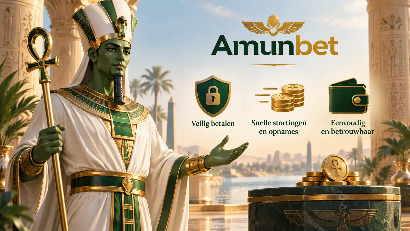 Amunbet betalingen banner met god Osiris — veilig betalen, snelle stortingen en opnames bij Amunbet casino