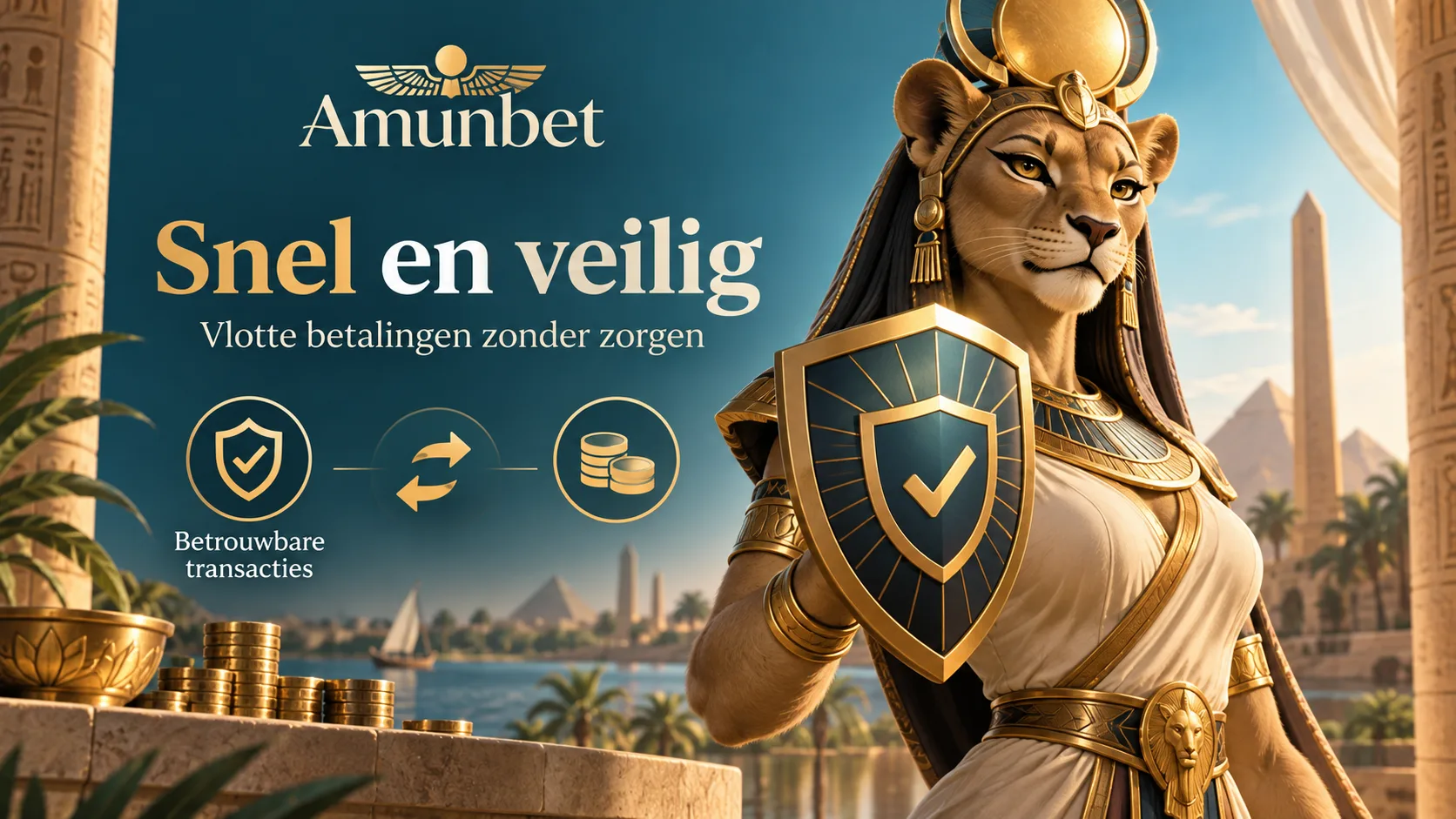 Godin Sekhmet met beveiligingsschild — snelle en veilige crypto- en bankbetalingen bij Amunbet