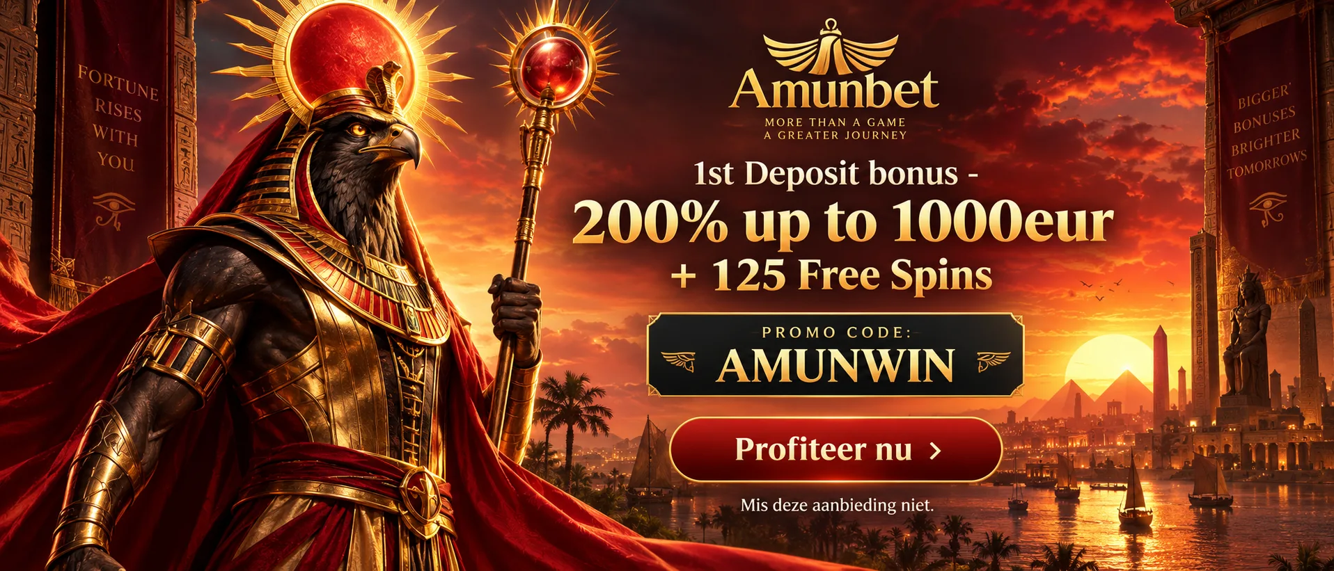 Amunbet promotiecode banner met god Ra — promotiecode AMUNWIN voor 200% bonus tot €1.000 en 125 free spins