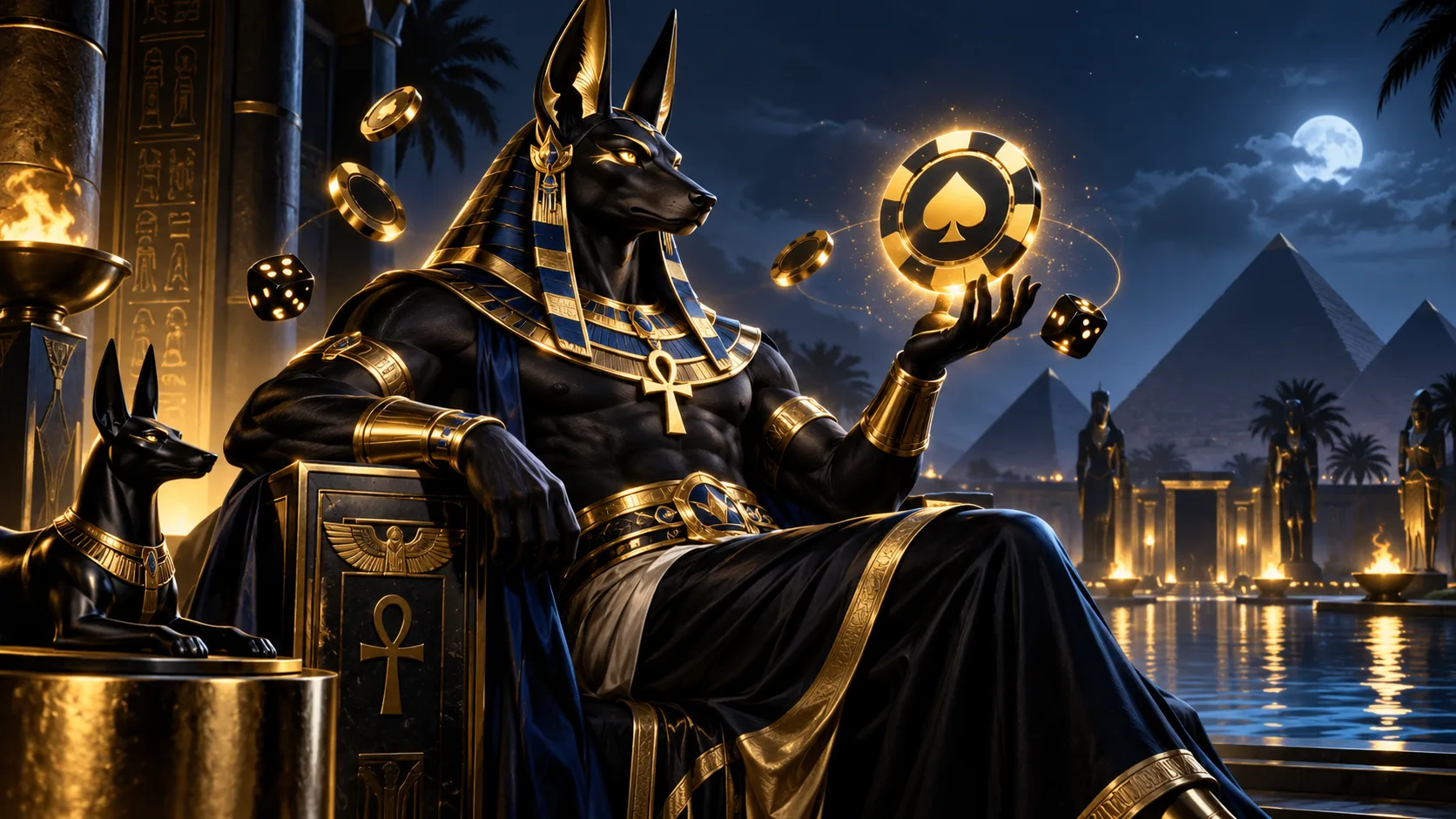 Amunbet online casino België — god Anubis op troon met dobbelstenen en pokerfiches, symbool van 1000+ casinogames en sportweddenschappen